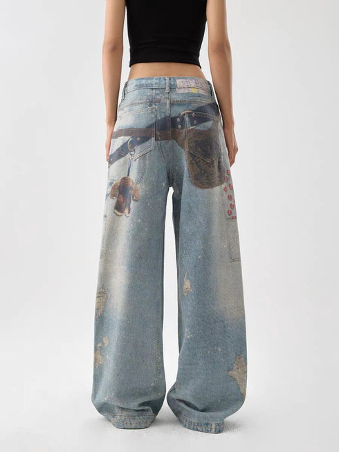 Women's American-style Retro 3D Printed Washed Wide-leg Pants