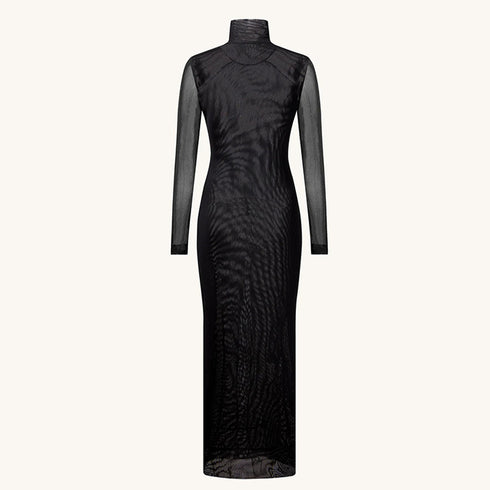 Elegant Mesh Double-layer Printed Crew-neck Long-sleeve Dress