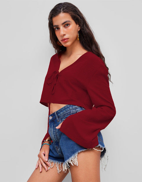V-Neck Cropped Long Sleeve Top