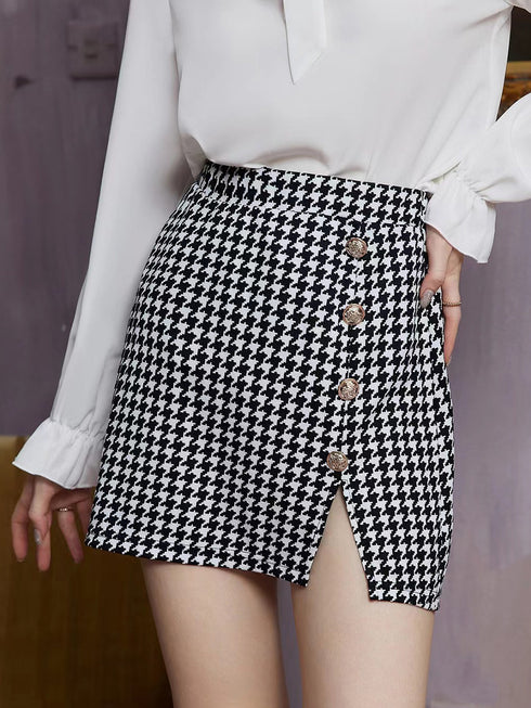 Houndstooth High-Waisted Midi Skirt