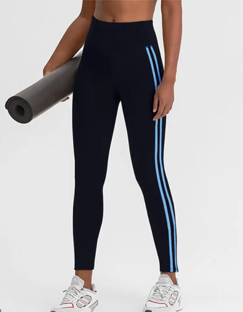 Side Striped Fitness Trousers High Waist Hip Lift Blue Stripes / L