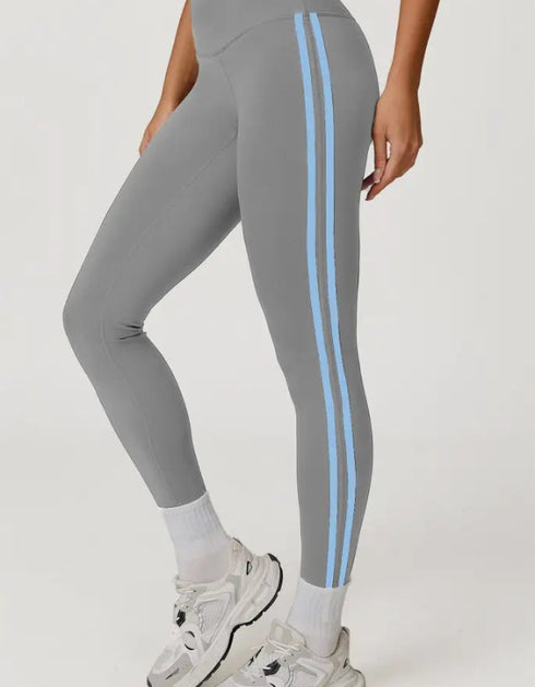 Side Striped Fitness Trousers High Waist Hip Lift Gray And Blue Stripes / L