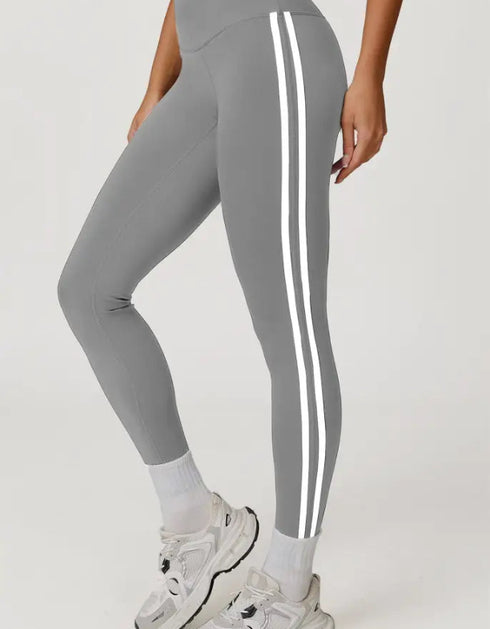 Side Striped Fitness Trousers High Waist Hip Lift Gray And White Stripes / L