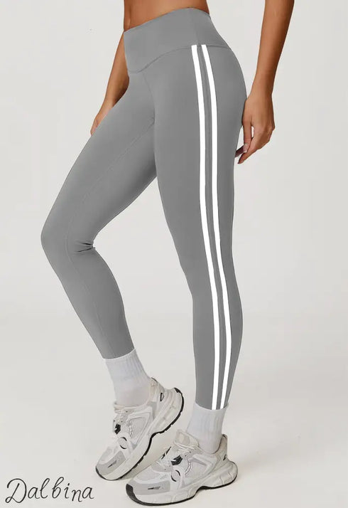 Side Striped Fitness Trousers High Waist Hip Lift Gray And White Stripes / L
