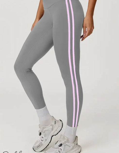 Side Striped Fitness Trousers High Waist Hip Lift Gray Pink Striped / L