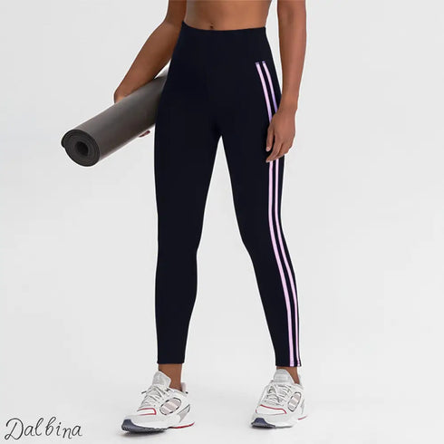 Side Striped Fitness Trousers High Waist Hip Lift Pink Stripes / L