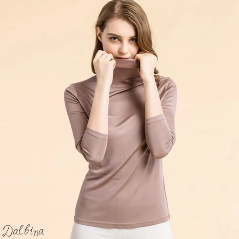 Silk High Neck Bottoming Shirt Women’s Pullover Long Sleeve T-shirt Light brown / 3XL T-shirt