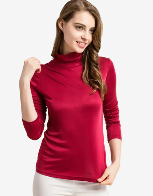 Silk High Neck Bottoming Shirt Women’s Pullover Long Sleeve T-shirt Wine Red / 3XL T-shirt