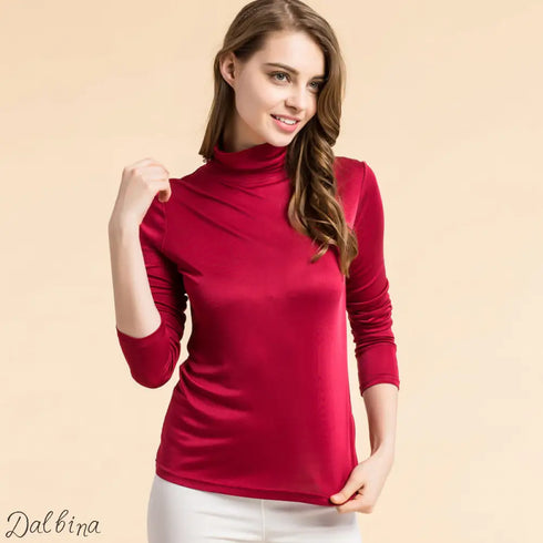 Silk High Neck Bottoming Shirt Women’s Pullover Long Sleeve T-shirt Wine Red / 3XL T-shirt