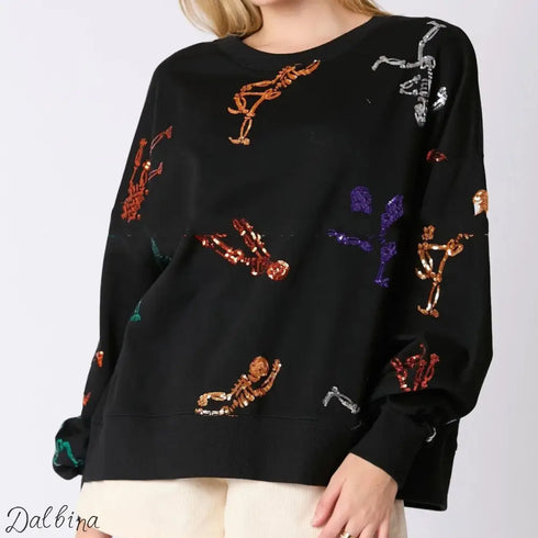 Women’s Halloween Skull Sequined Sweater Loose Black Skull Man / L