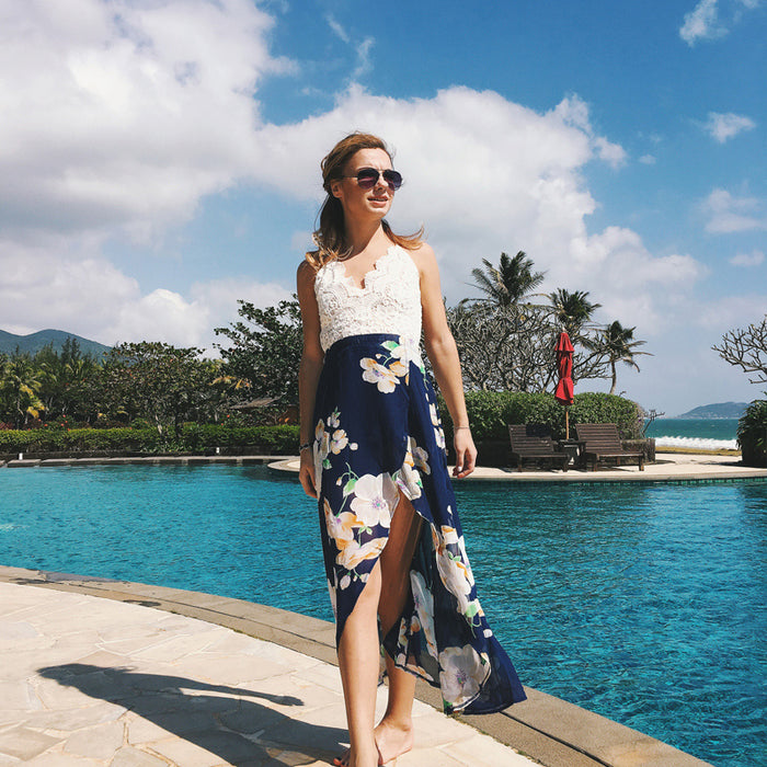 Lace Stitched V-Neck Beach Holiday Maxi Dress