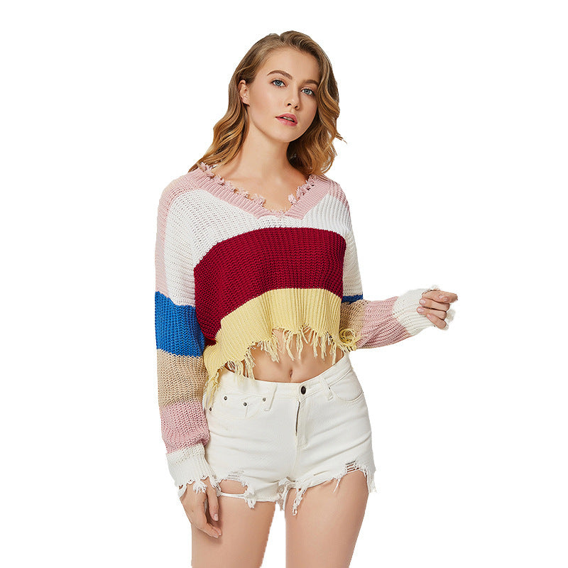 Color-block Striped Low-cut Deep V-neck Irregular Sweater Knit For Women