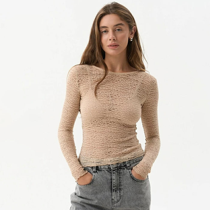 Women's New Fashion Round Neck Sexy See-through Slim-fit Top