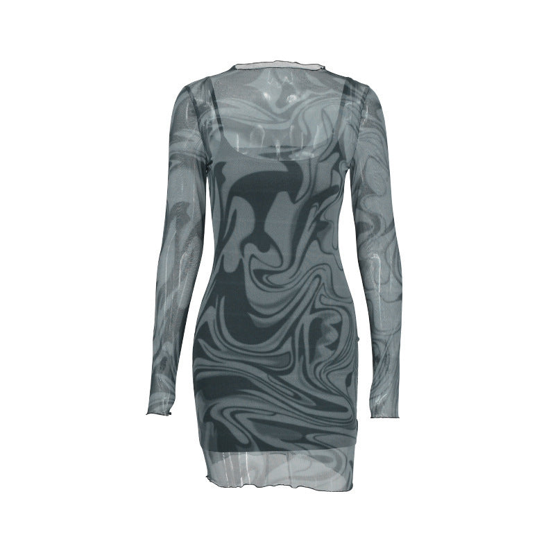 Mesh Halter Print Bodycon Dress Two-piece Set