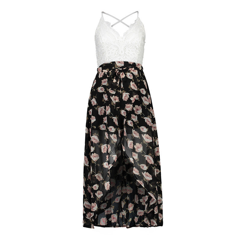 Lace Stitched V-Neck Beach Holiday Maxi Dress