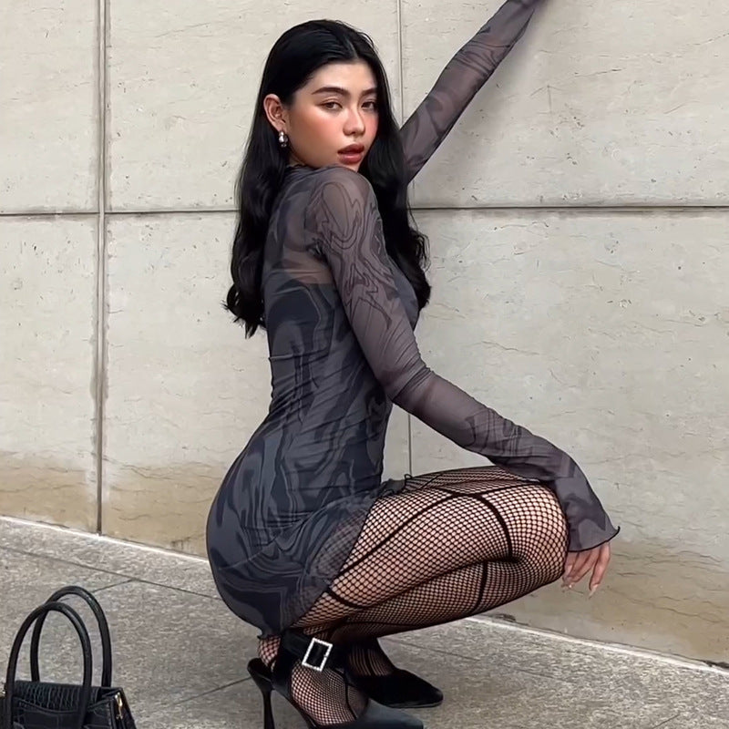 Mesh Halter Print Bodycon Dress Two-piece Set