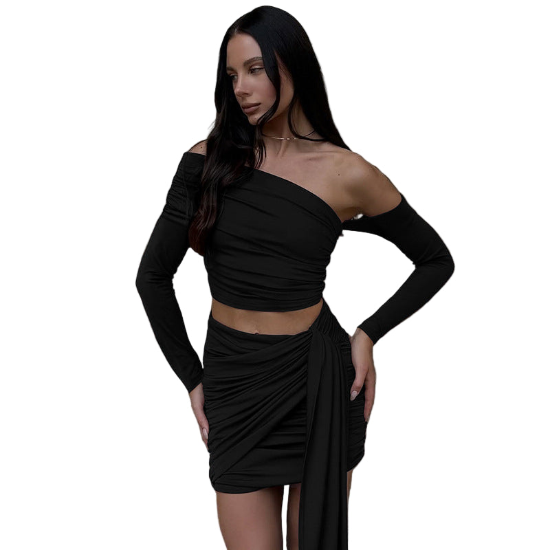 New Oblique Shoulder Long-sleeved Top Slim-fit Pleated Ribbon Hip-wrapped Skirt Outfit