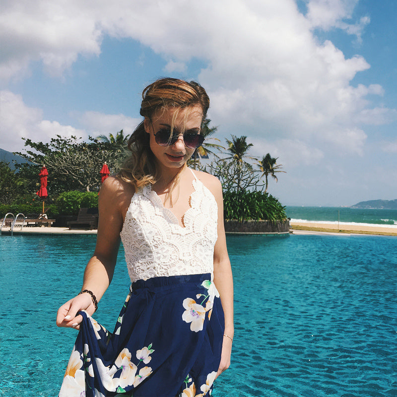 Lace Stitched V-Neck Beach Holiday Maxi Dress