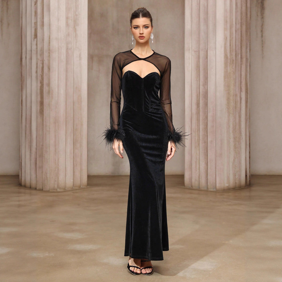 Semi-transparent Mesh Top Velvet Tube Top Dress Two-piece Set