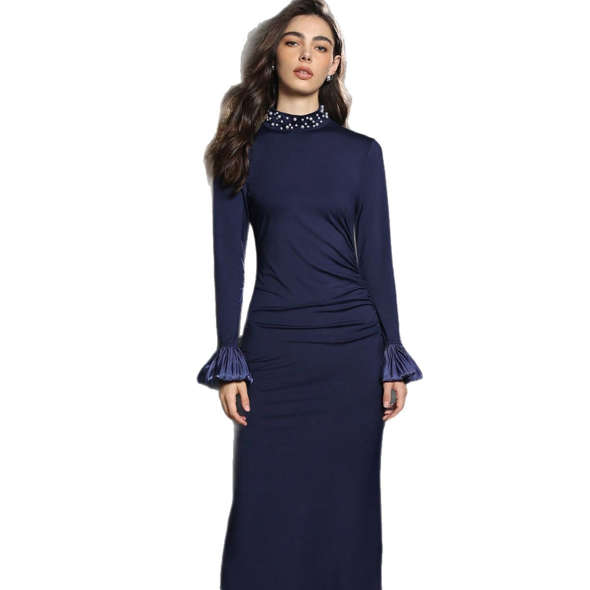 Slim-fit Pearl Stand Collar Long Sleeve Dress