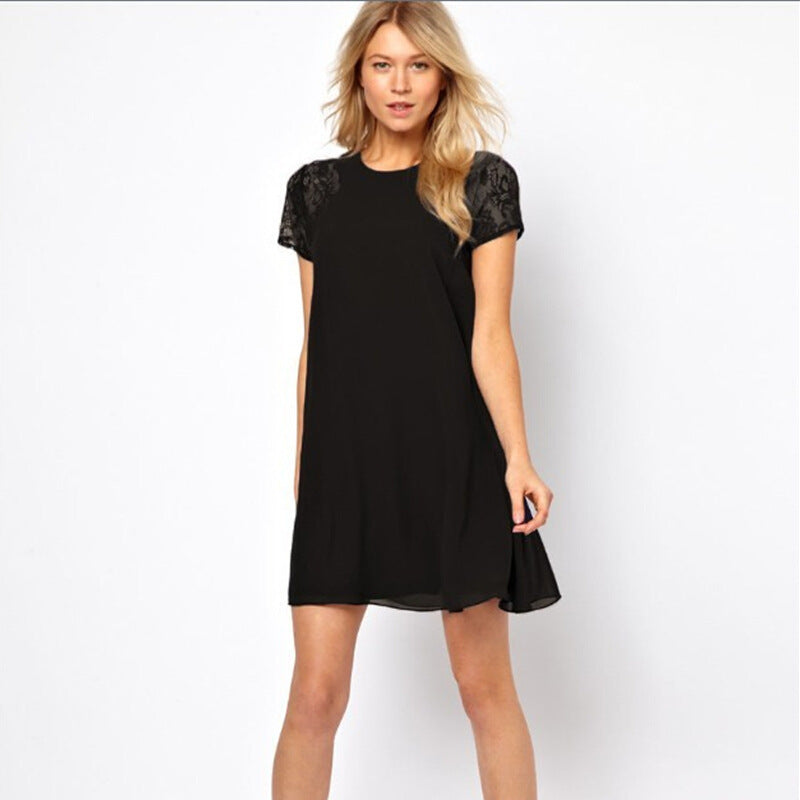 Elegant Lace Stitching Short Sleeve Mini Dress