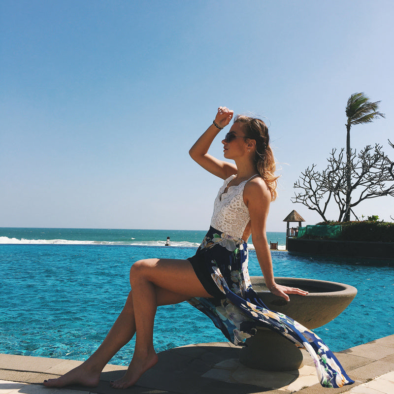 Lace Stitched V-Neck Beach Holiday Maxi Dress