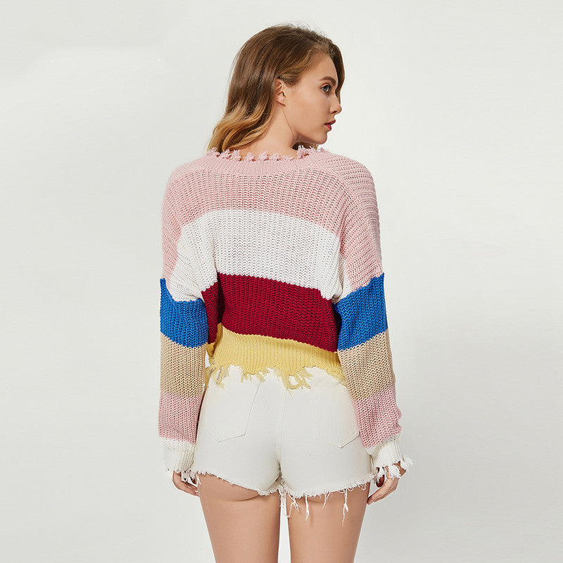 Color-block Striped Low-cut Deep V-neck Irregular Sweater Knit For Women