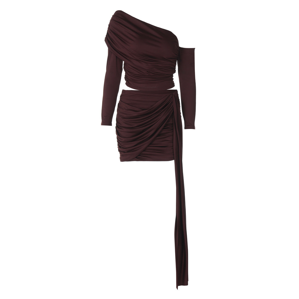 New Oblique Shoulder Long-sleeved Top Slim-fit Pleated Ribbon Hip-wrapped Skirt Outfit