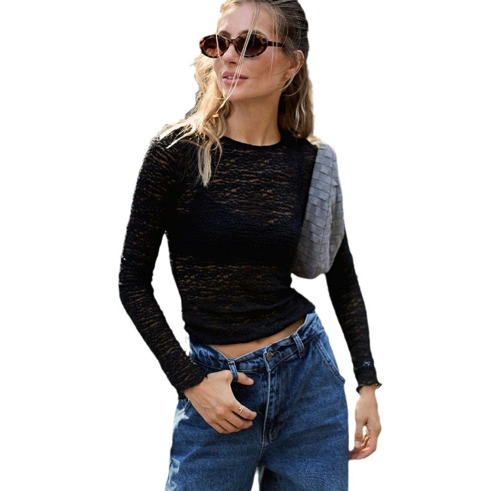 Women's New Fashion Round Neck Sexy See-through Slim-fit Top