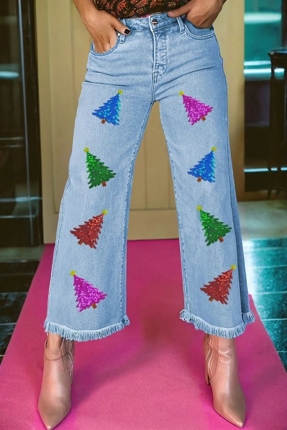 Colorful Sequined Christmas Tree Pattern Stitching Edging Three-quarter Length Wide Leg Jeans