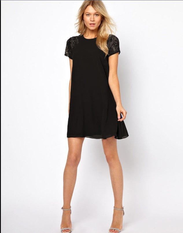 Elegant Lace Stitching Short Sleeve Mini Dress