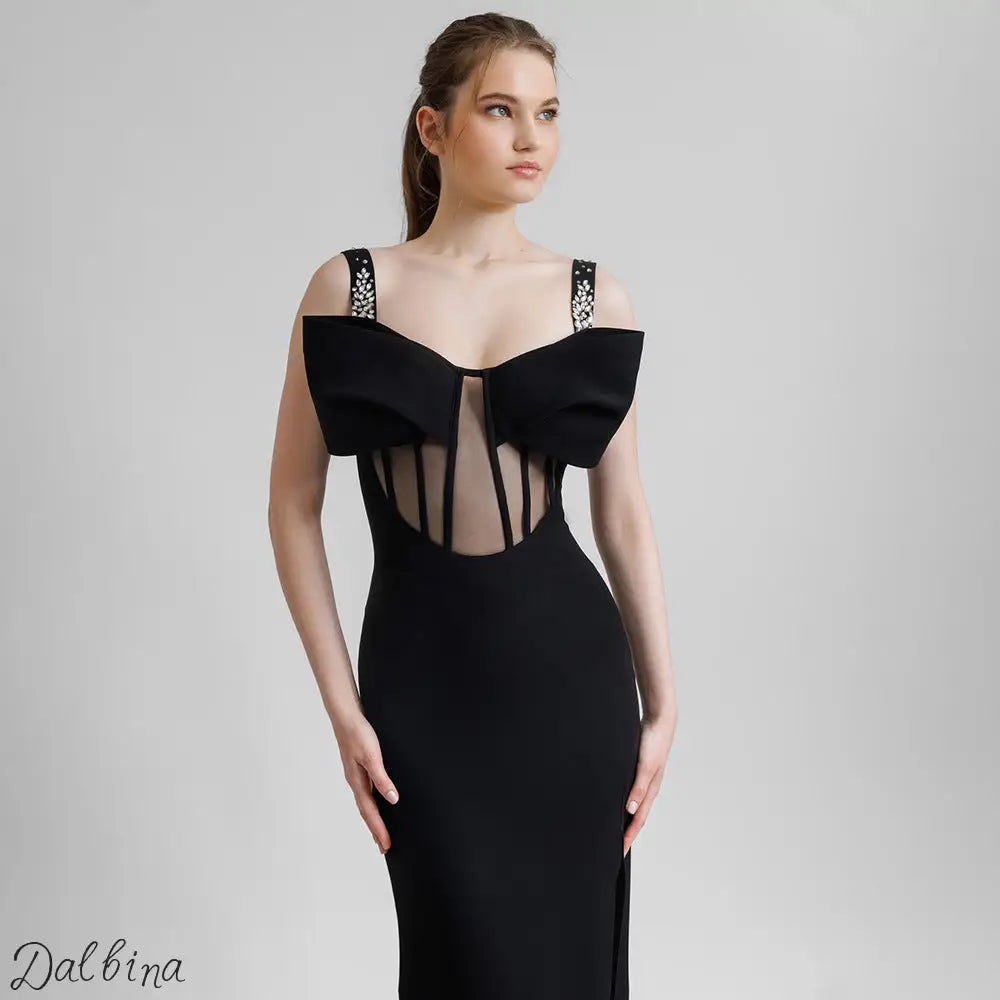 Black Studded Bow Long Dress