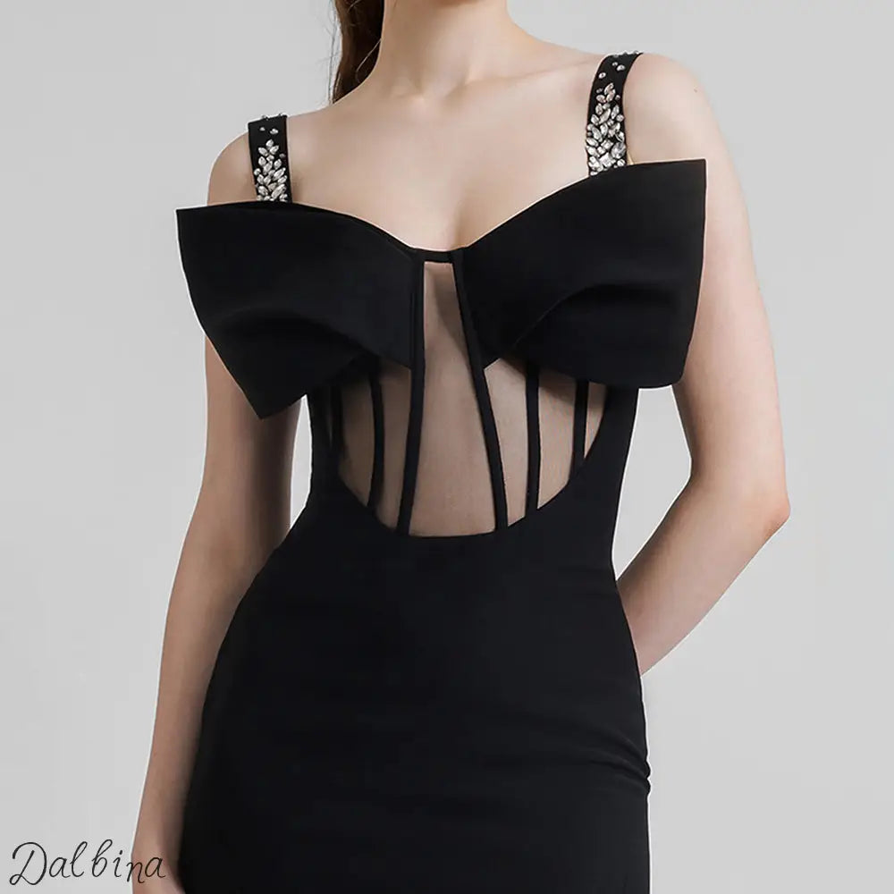 Black Studded Bow Long Dress