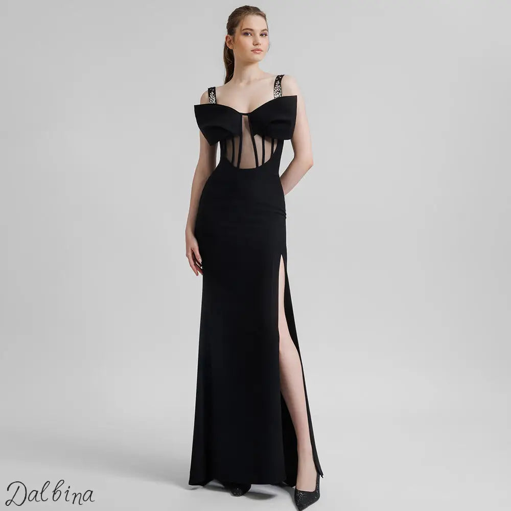 Black Studded Bow Long Dress