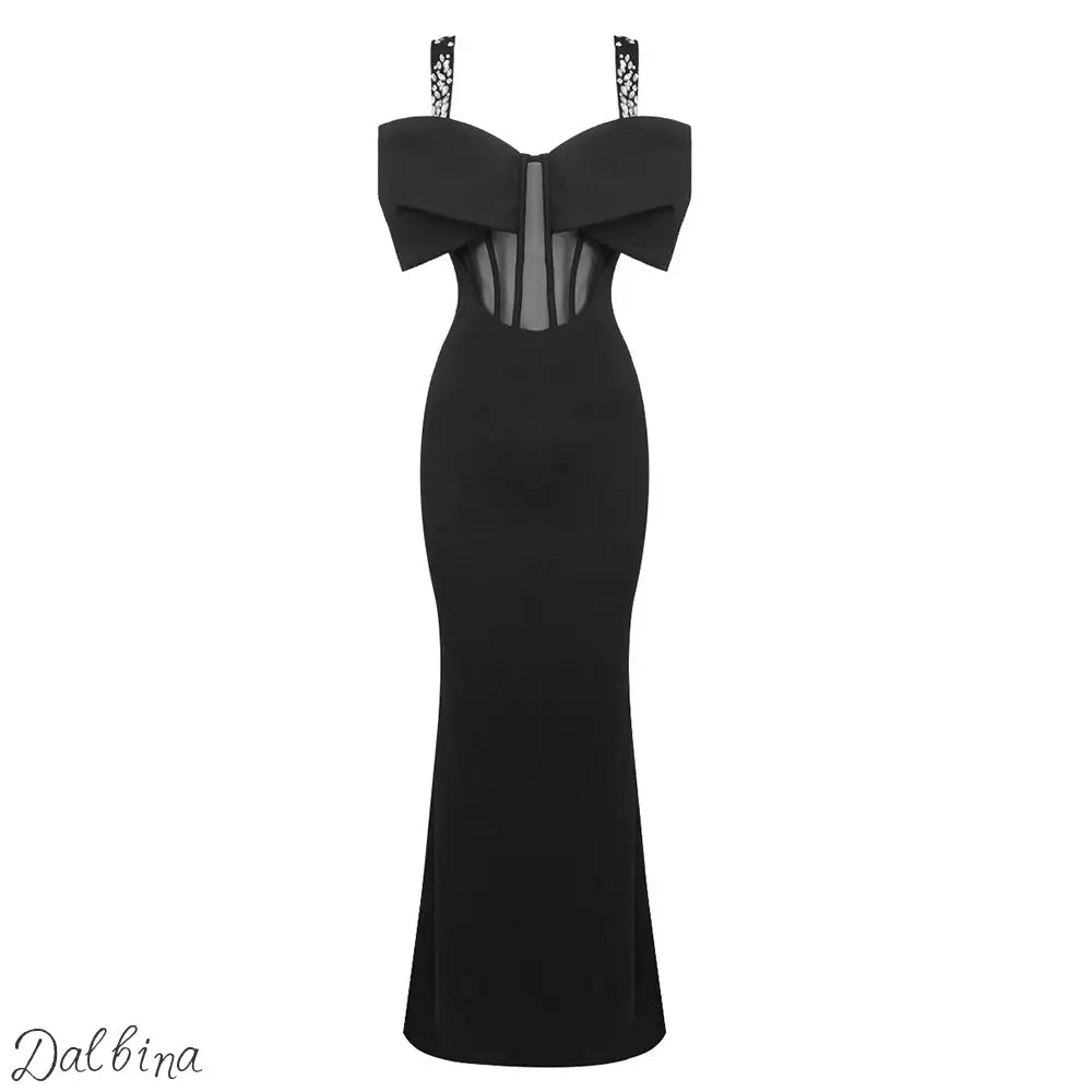 Black Studded Bow Long Dress Black / XS