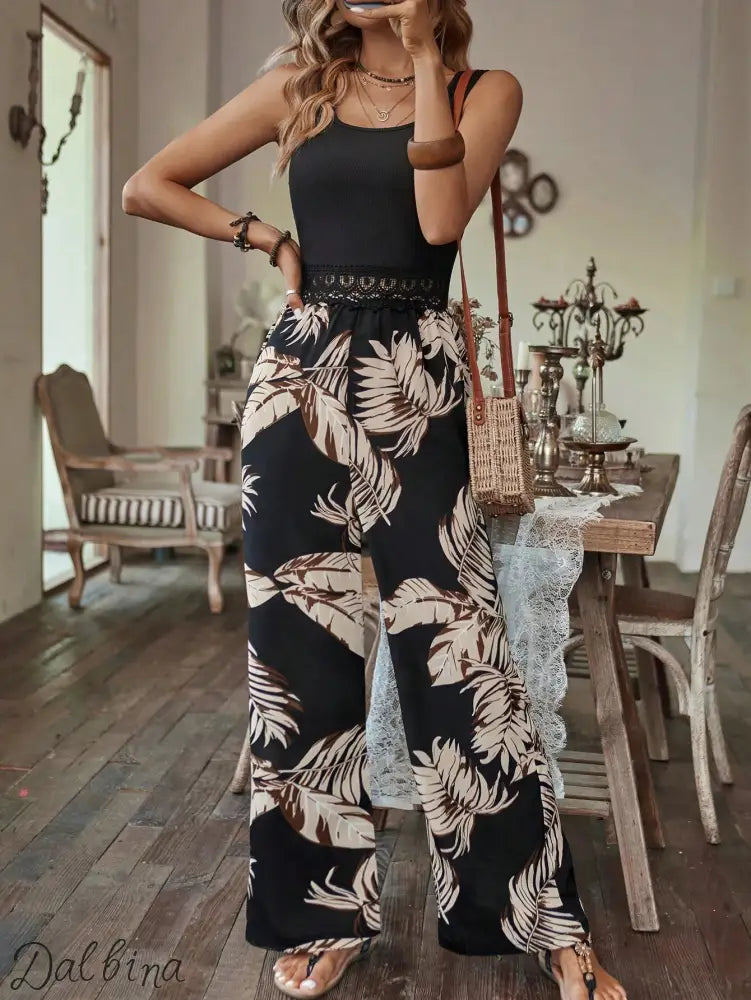 Breezaya Tropical Print Guipure Lace Insert Jumpsuit