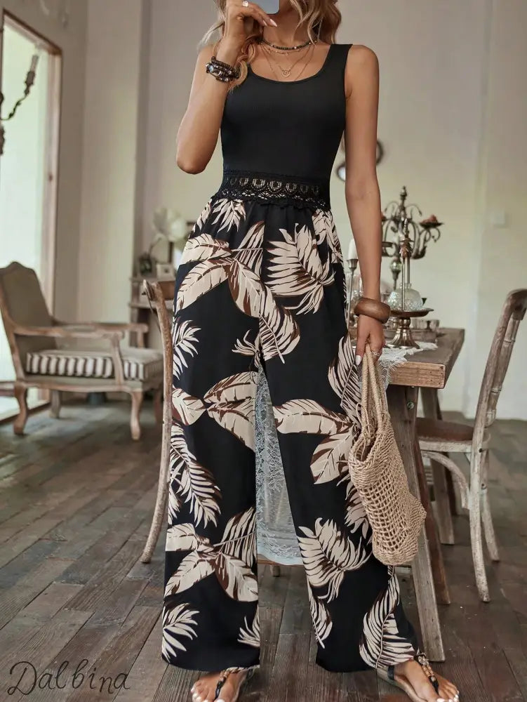 Breezaya Tropical Print Guipure Lace Insert Jumpsuit