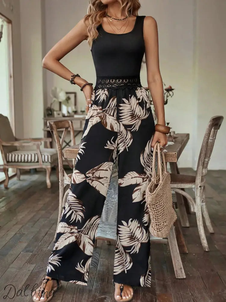 Breezaya Tropical Print Guipure Lace Insert Jumpsuit