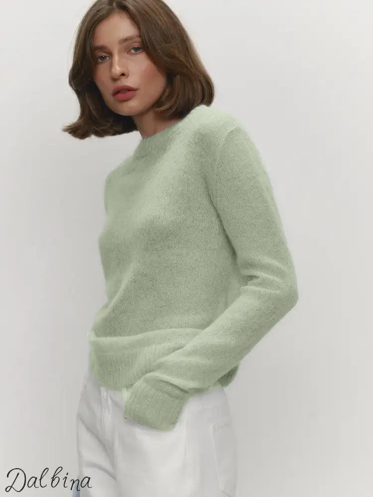 Candy Pastels Sheer Crew Neck Lightweight Knit Top Light Green / L