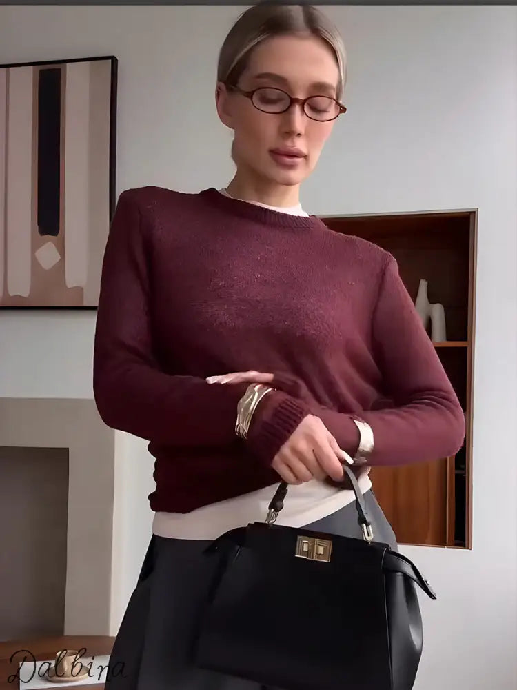 Candy Pastels Sheer Crew Neck Lightweight Knit Top Purplish Red / L