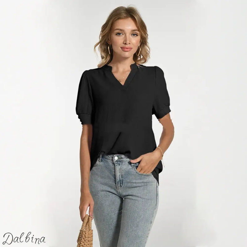 Comfortable Breathable V-neck Puff Sleeve Elegant Short Sleeve T-shirt T shirt