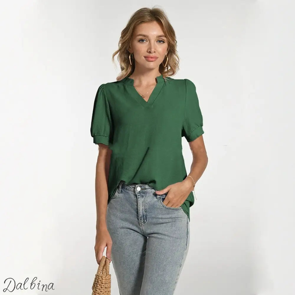Comfortable Breathable V-neck Puff Sleeve Elegant Short Sleeve T-shirt Dark Green / L T shirt