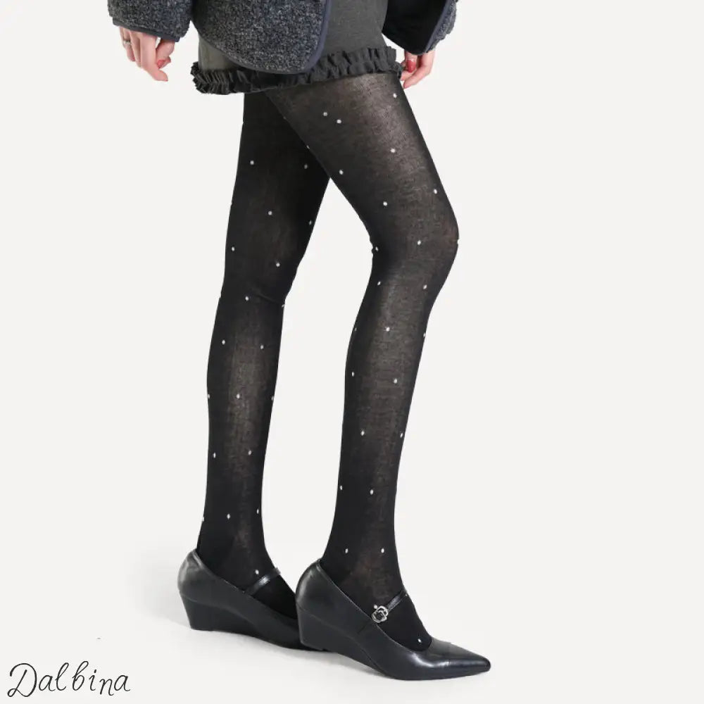 Cotton Slightly Transparent Gray Polka Dot Pantyhose Black