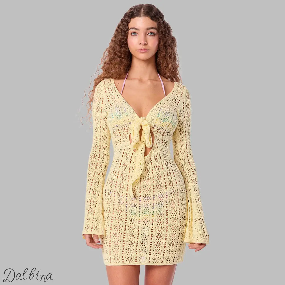 Crochet Chic Mini Dress – Hot Girl Style Light Yellow / L Hollow Out Summer Dress