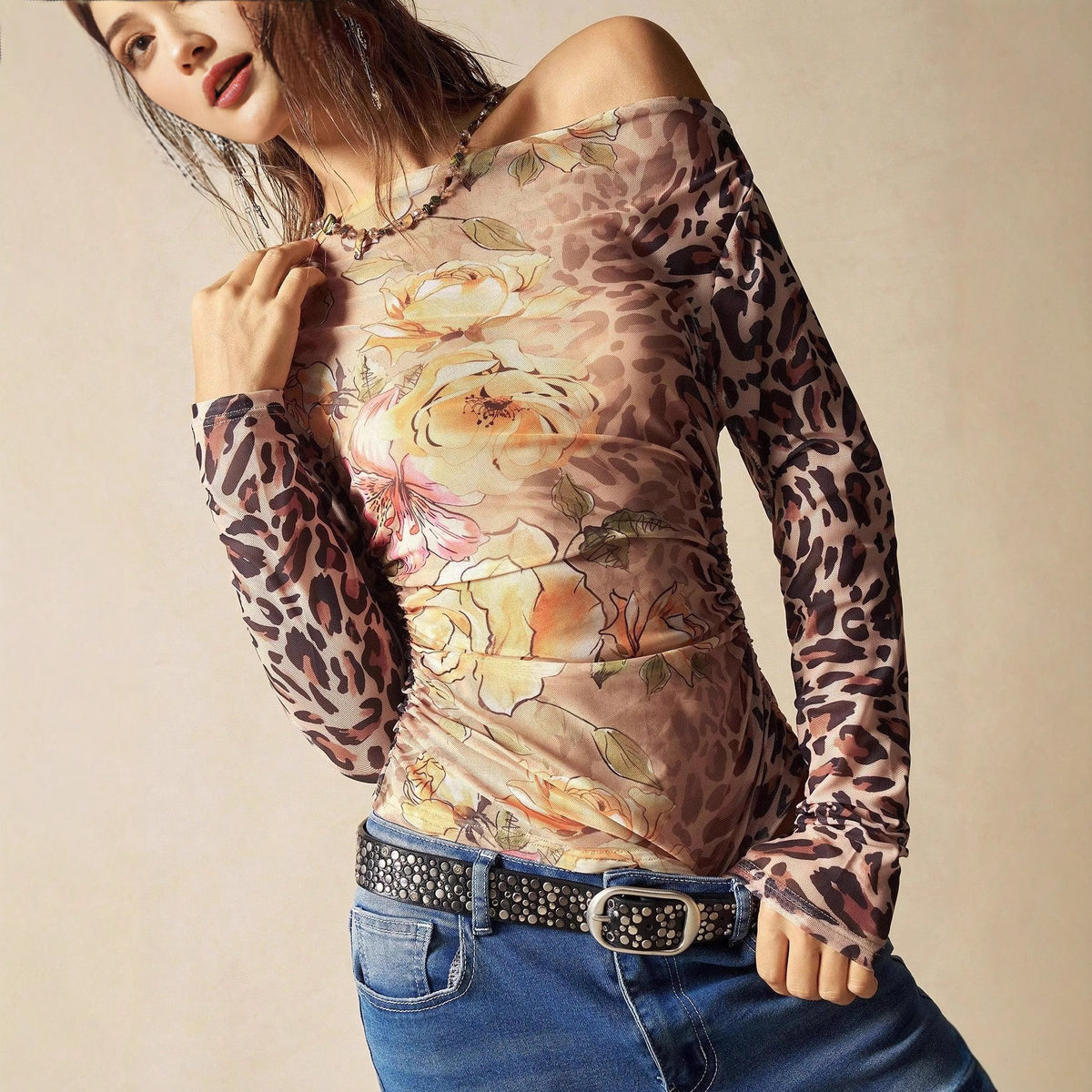 New One-shoulder Fashion Floral Layering Top