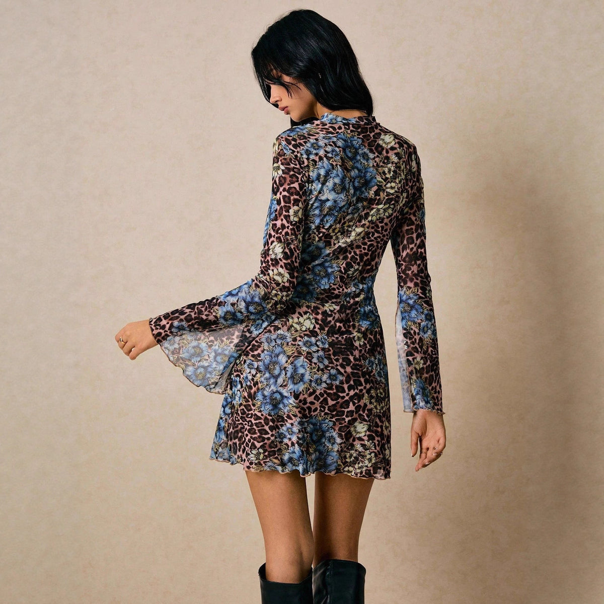 New Double-layer Round Neck Mesh Slit Trumpet Long Sleeve Fashion Slim Dress