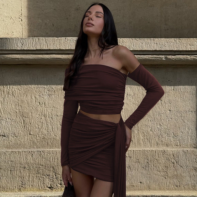 New Oblique Shoulder Long-sleeved Top Slim-fit Pleated Ribbon Hip-wrapped Skirt Outfit
