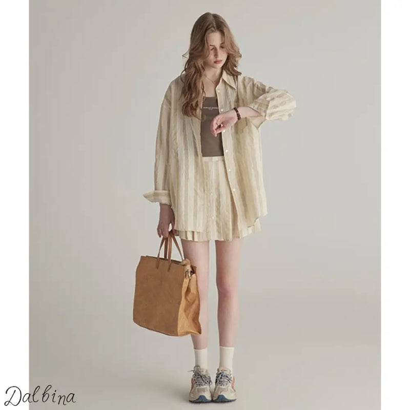 Light Line Lounge Set – Striped Shirt & Skirt Beige Brown Skirt / L Co-ord Set