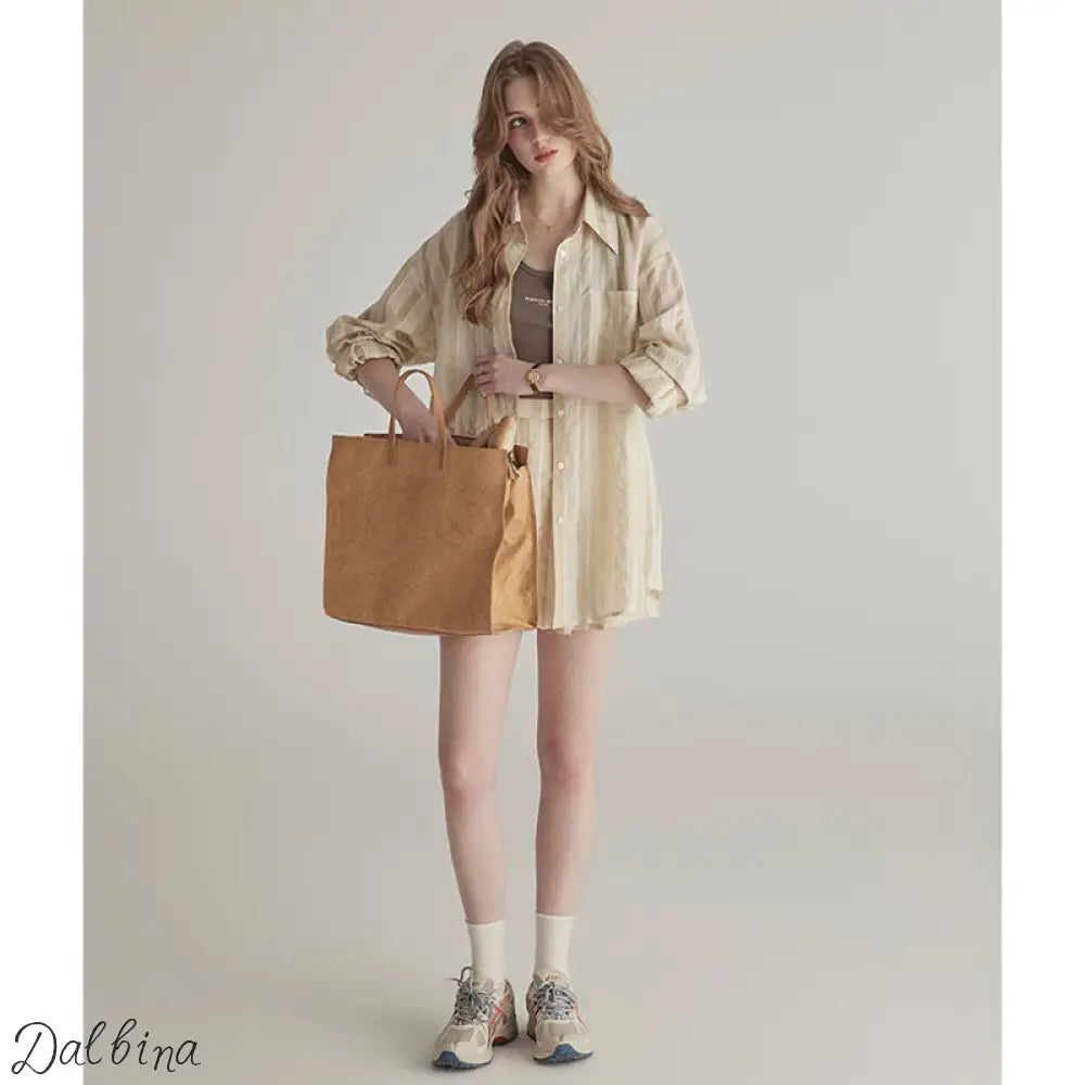 Light Line Lounge Set – Striped Shirt & Skirt Beige Brown Top / L Co-ord Set