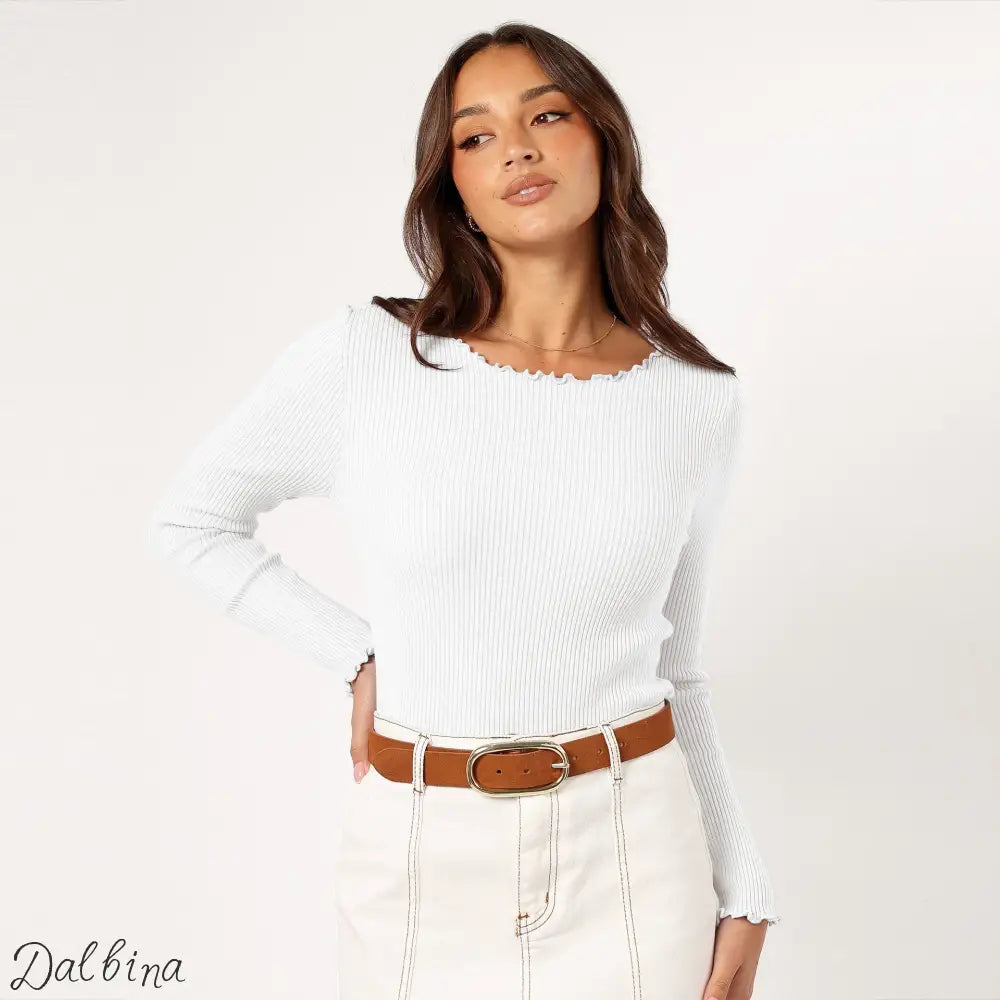 Ribbed Chic Shoulder Top – Dalbina Sleek Fit Beige / S